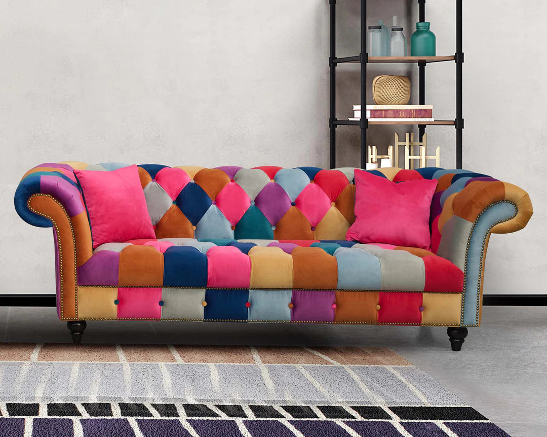 Multicoloured Velvet Patchwork 3 Seater Scroll Arm Chesterfield Sofa