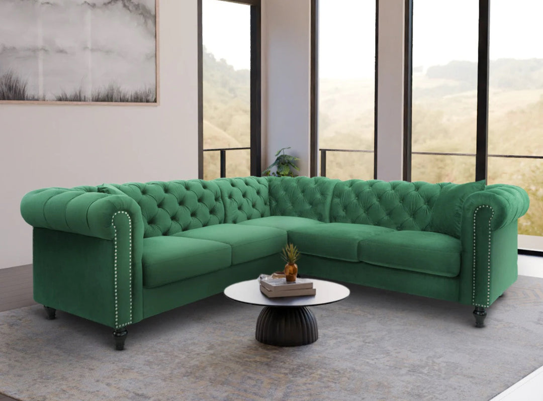 Velvet Bottle Green 2C2 Chesterfield Corner Sofa With Wooden Feet