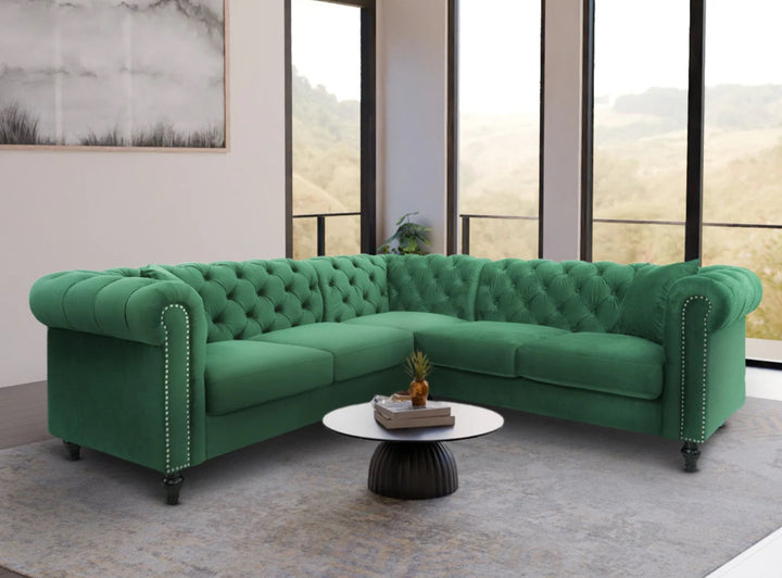 Velvet Bottle Green 2C2 Chesterfield Corner Sofa With Wooden Feet