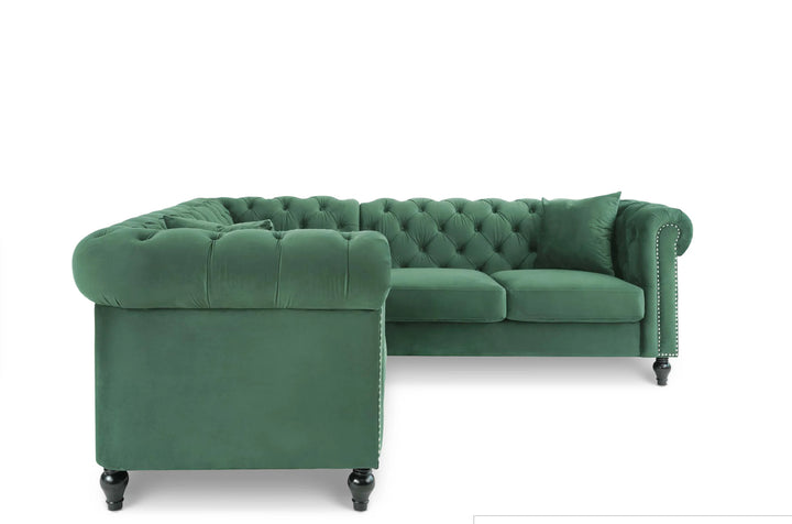 Velvet Bottle Green 2C2 Chesterfield Corner Sofa With Wooden Feet