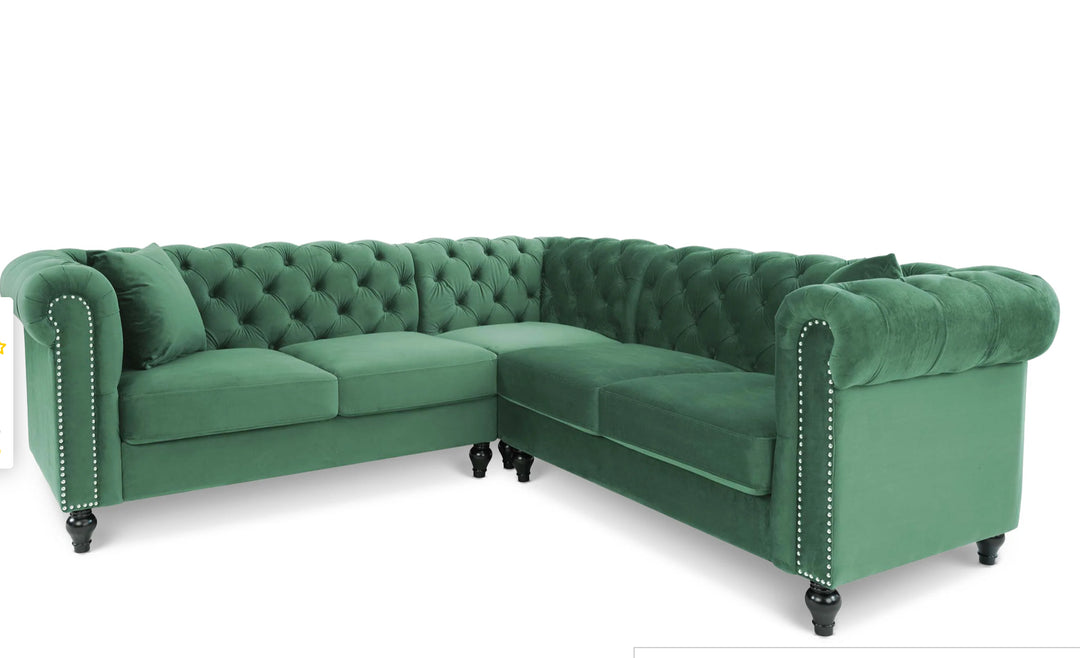 Velvet Bottle Green 2C2 Chesterfield Corner Sofa With Wooden Feet