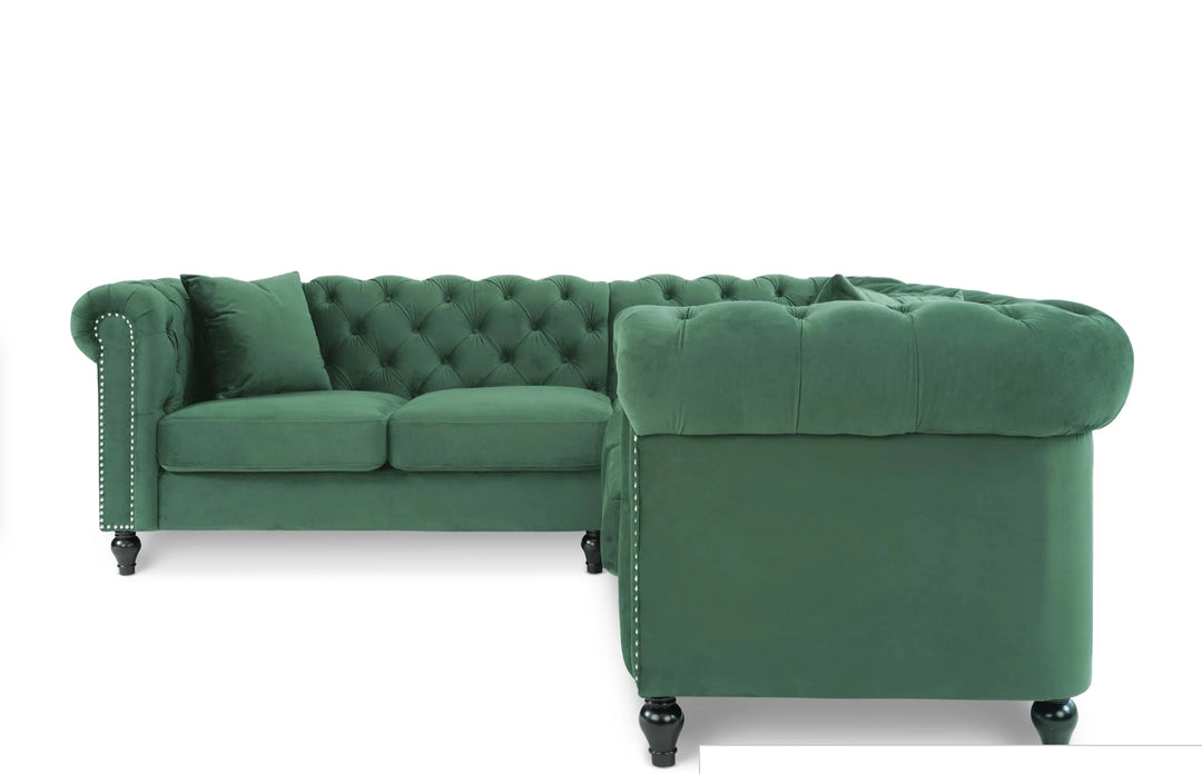 Velvet Bottle Green 2C2 Chesterfield Corner Sofa With Wooden Feet