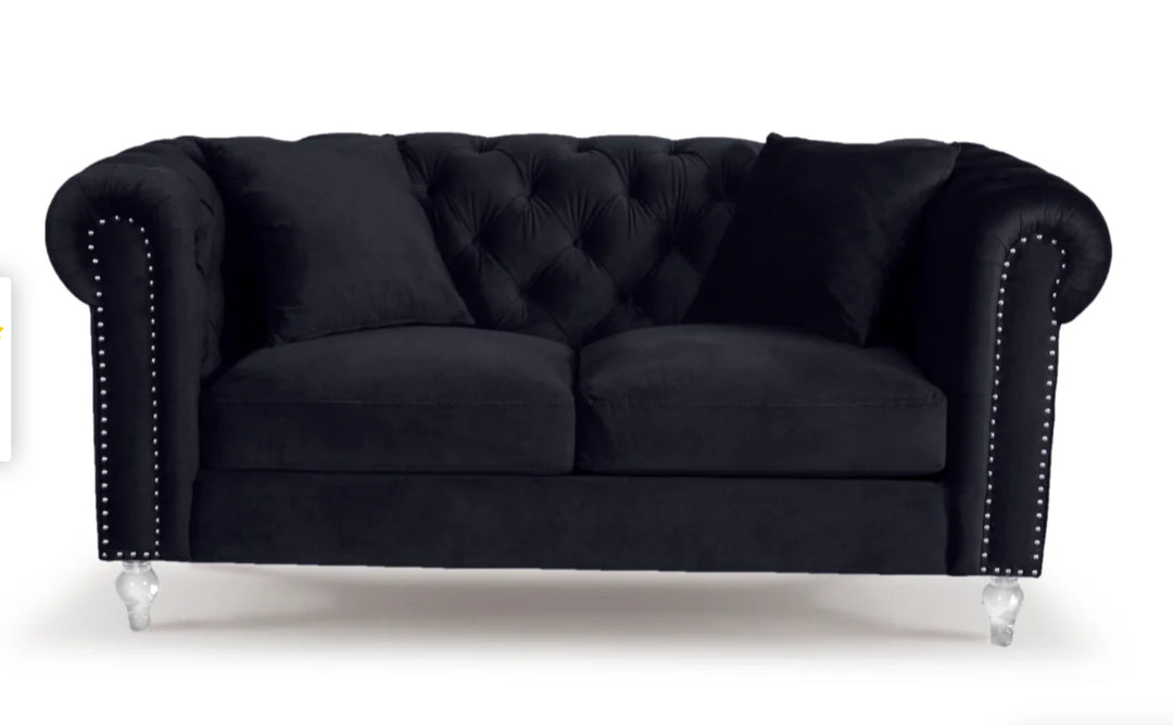 Velvet Camden Black 2 Seater Chesterfield Sofa With Acrylic Feet