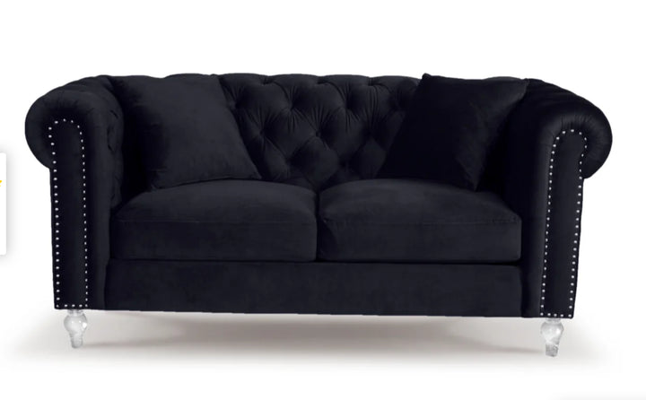 Velvet Camden Black 2 Seater Chesterfield Sofa With Acrylic Feet