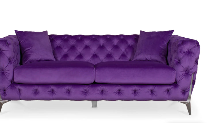 Velvet Fabric Chesterfield Purple 3 Seater Alderley Sofa With Silver Feet