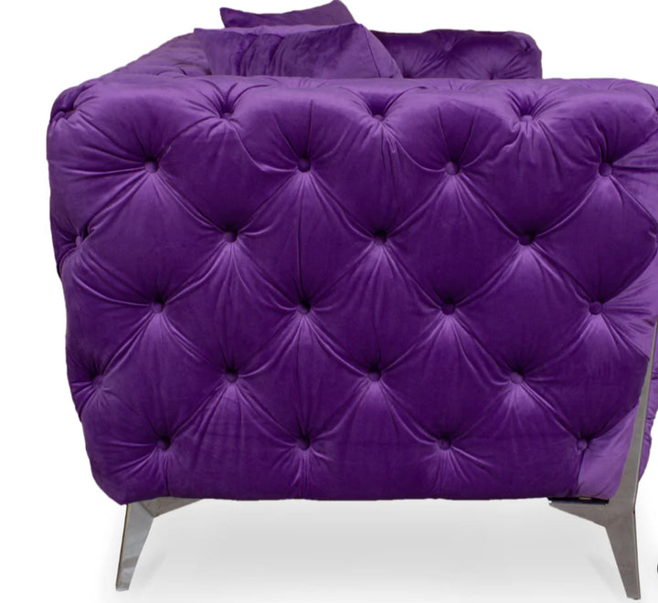Velvet Fabric Chesterfield Purple 3 Seater Alderley Sofa With Silver Feet